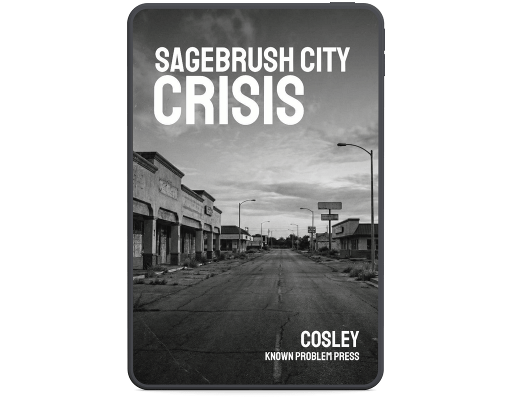 Book cover of 'Sagebrush City Crisis' by Cosley with a black and white photo of a deserted street.