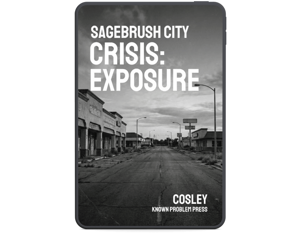 Book cover of 'Sagebrush City Crisis: Exposure' by Cosley with a black and white street scene.