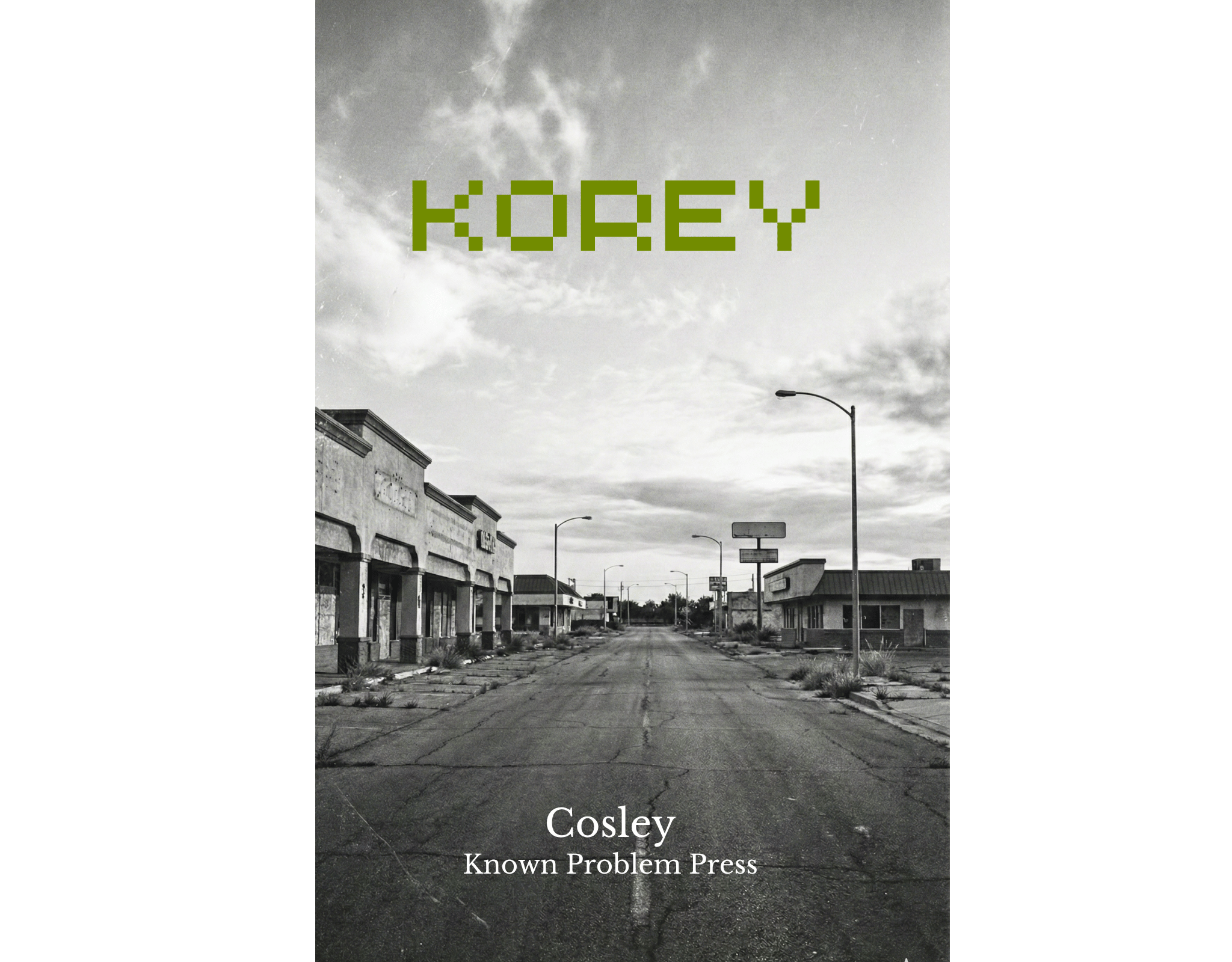 Book cover with black and white street scene and 'Korey' in green text