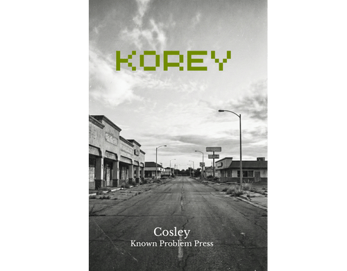 Book cover with black and white street scene and 'Korey' in green text