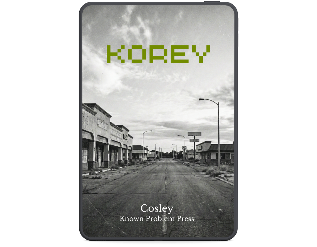 Book cover with black and white street scene and pixelated text 'KOREY' on a white background
