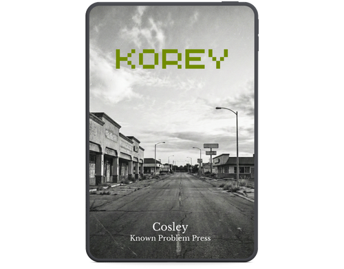 Book cover with black and white street scene and pixelated text 'KOREY' on a white background