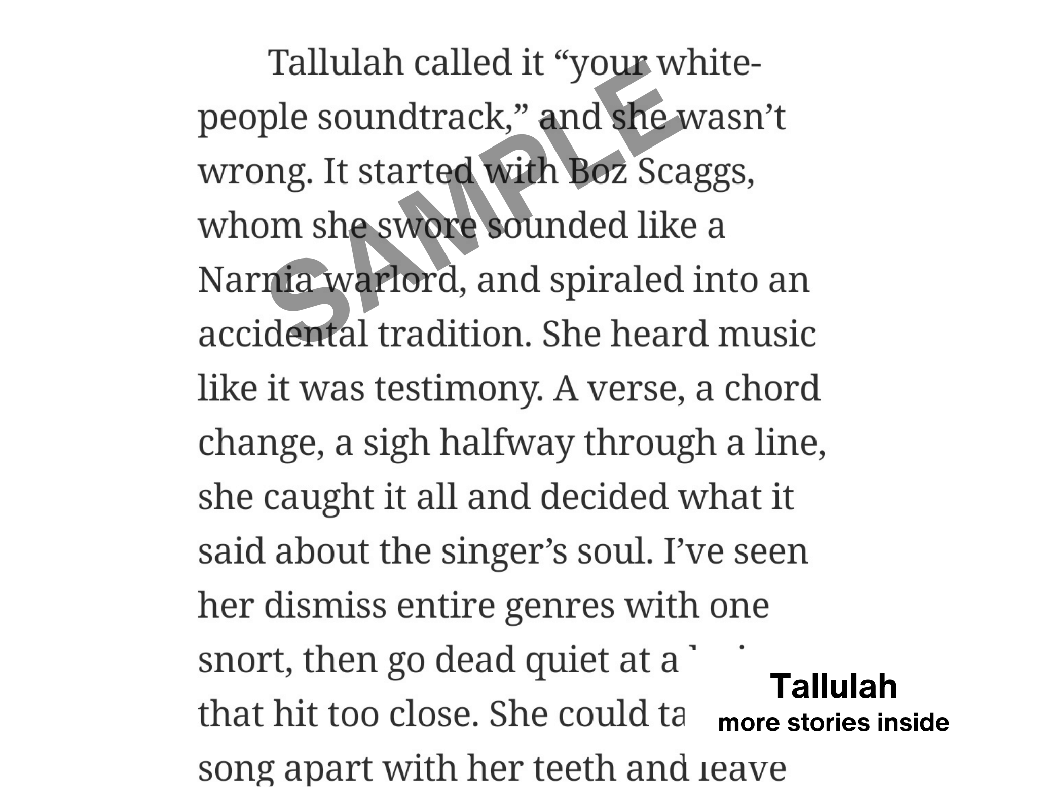 Text excerpt with a focus on Tallulah's description of music, featuring the word 'SAMPLE' overlayed.